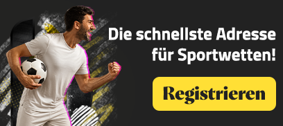 Jubelnder Fussballspieler neben Registrieren Button und Sportwetten Text